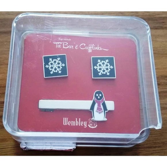 WEMBLEY Holiday Christmas Top-Not Tie Bar Penguin Lapel & Snowflake Cuff Links - Picture 1 of 1